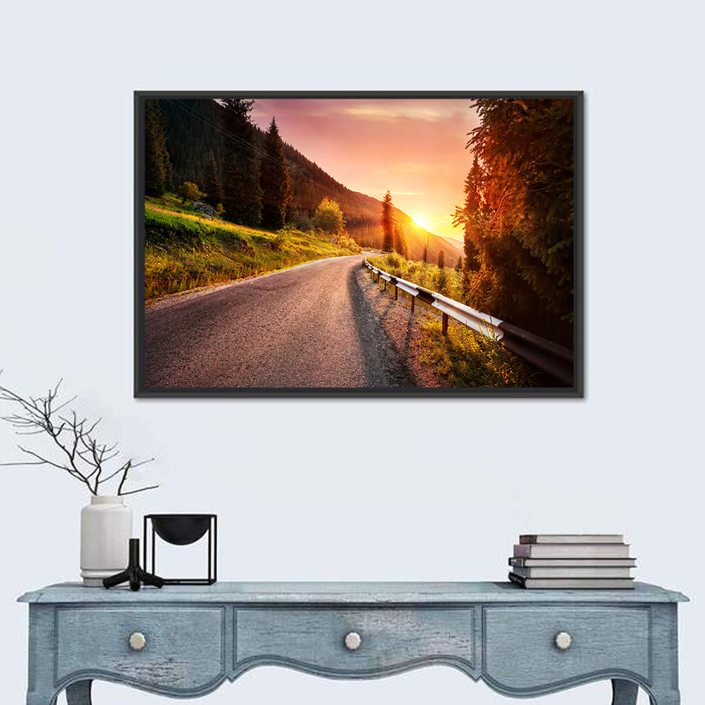 Golden Hour Mountain Road Wall Art in a room, landscape