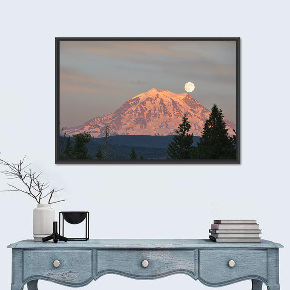 Mount Rainier Alpenglow with Full Moon Wall Art