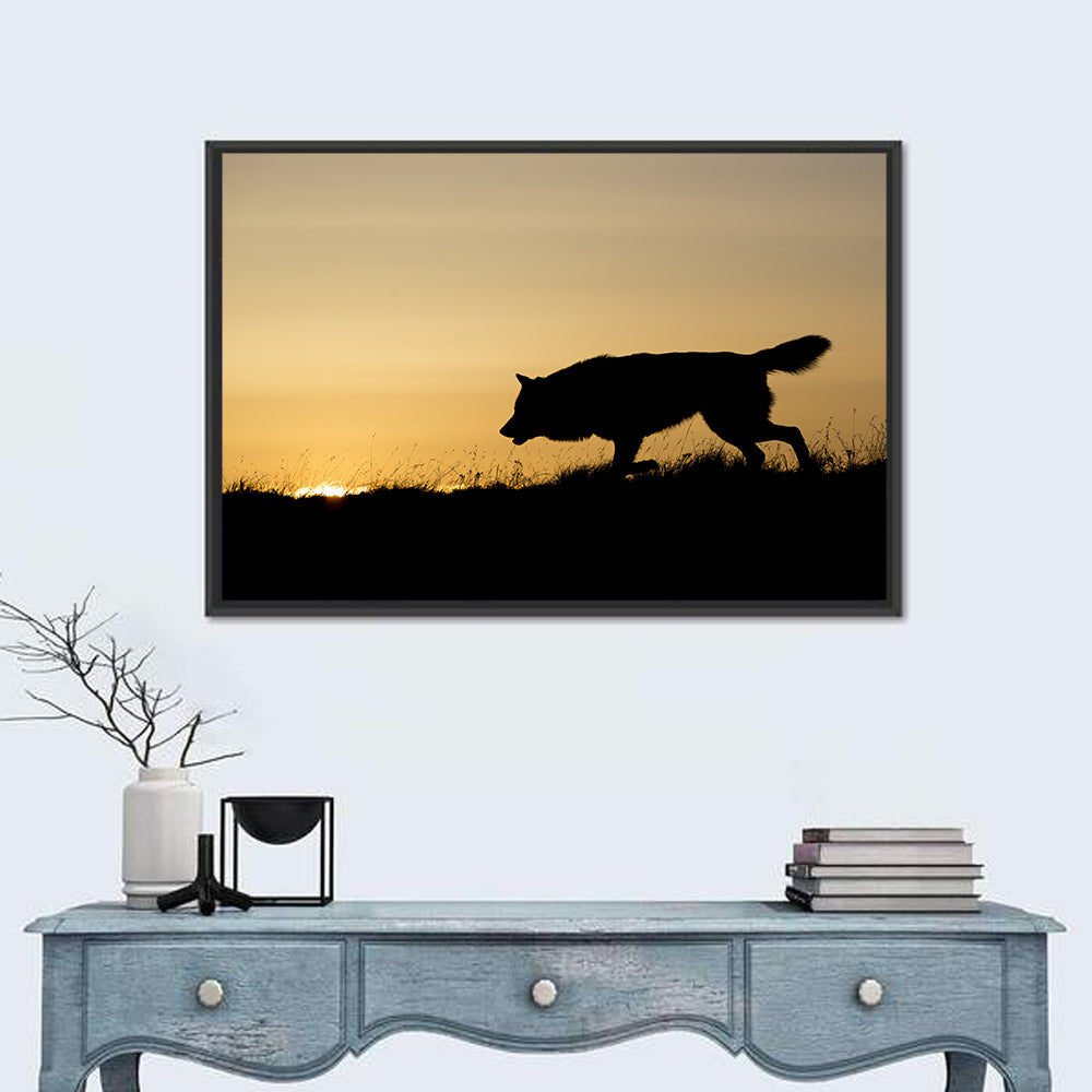 Wolf at Golden Horizon Wall Art in a room, landscape