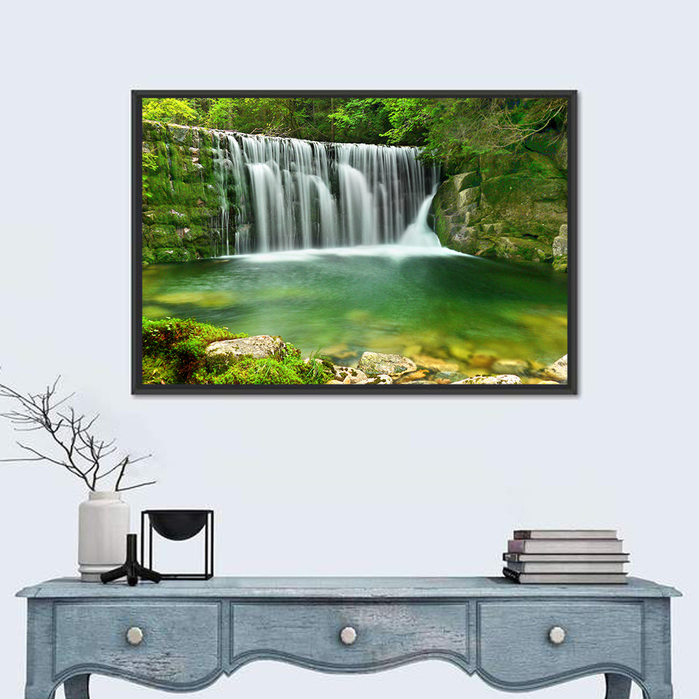 Emerald Lake Cascade Wall Art in a room, landscape
