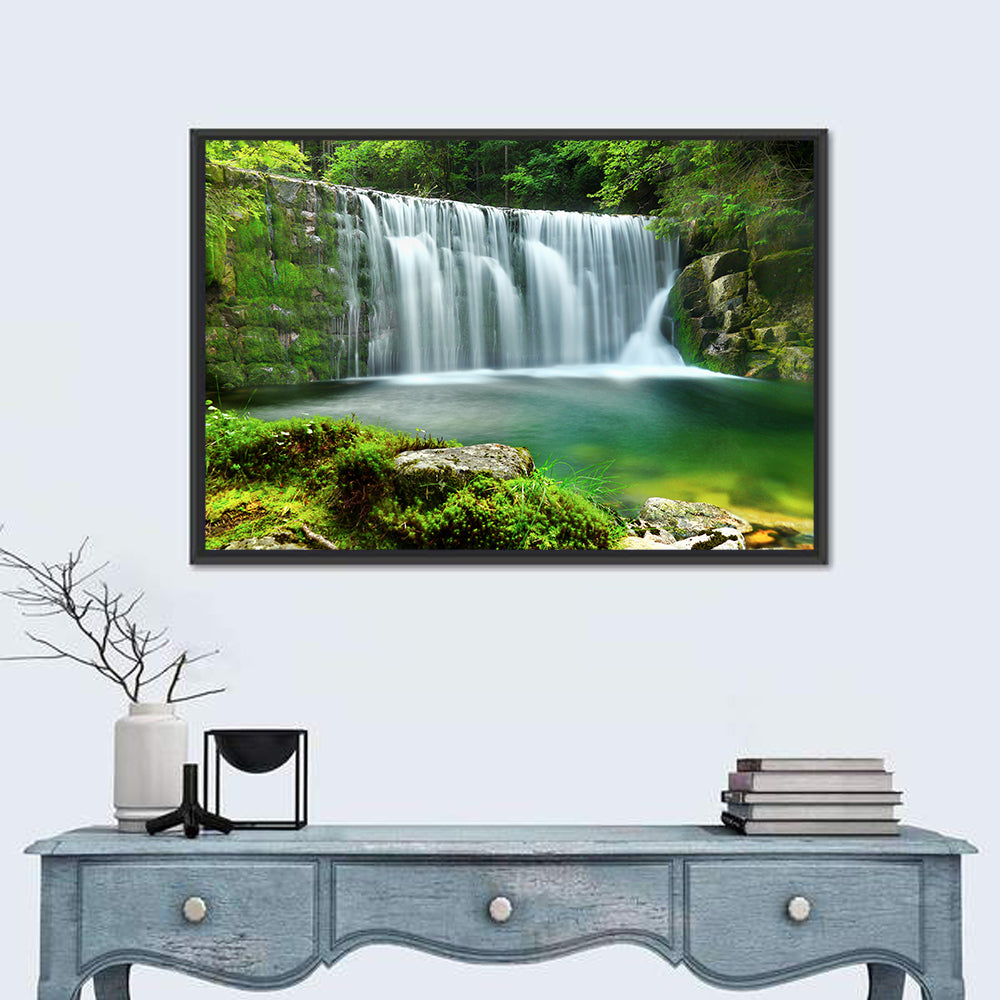 Emerald Forest Waterfall with Mossy Stones Wall Art