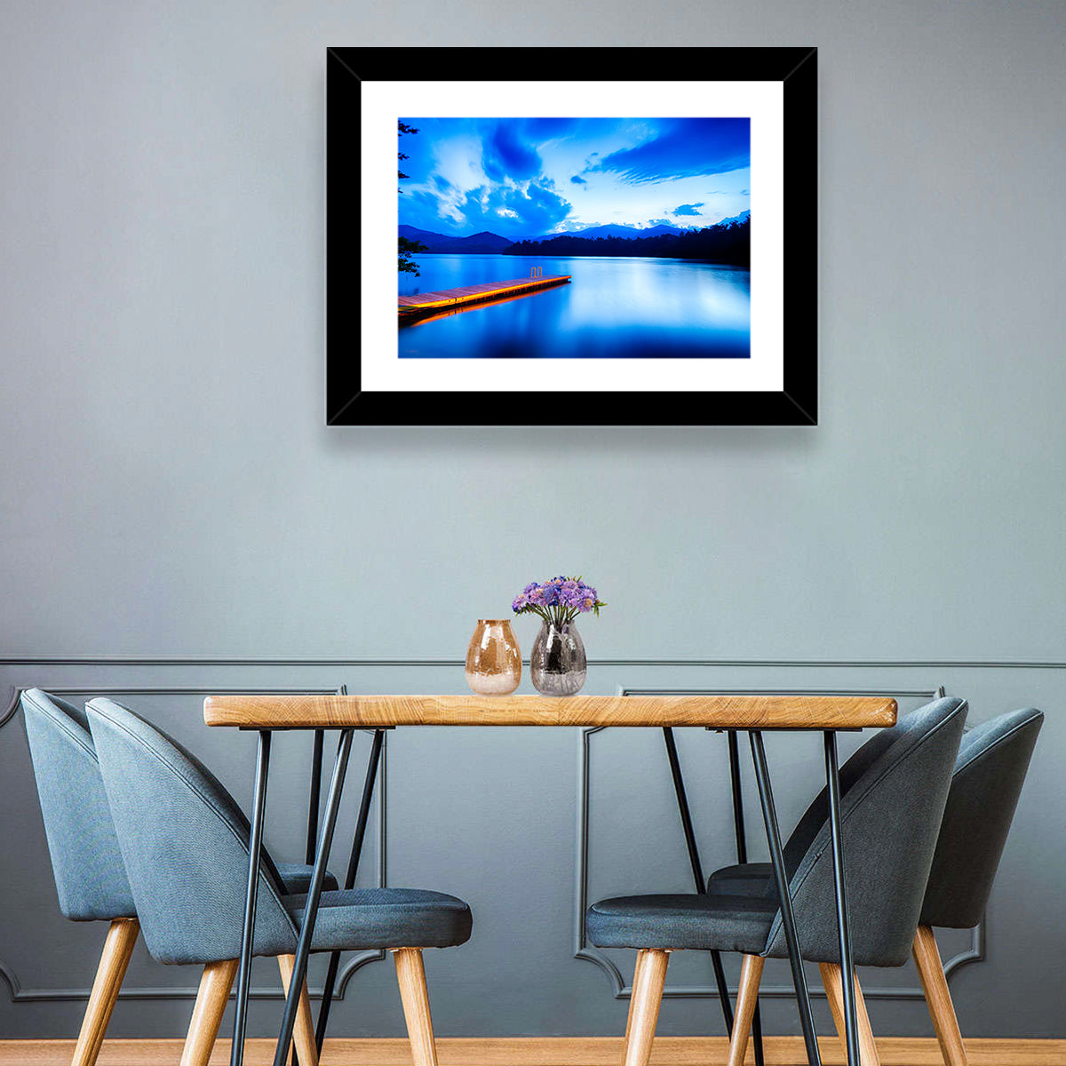 Lake Santeetlah Pier at Dusk Wall Art in a room, landscape