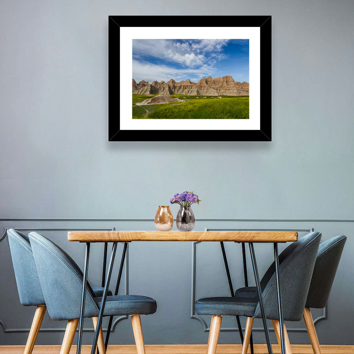 Badlands Meadow and Rock Formations Wall Art in a room, landscape