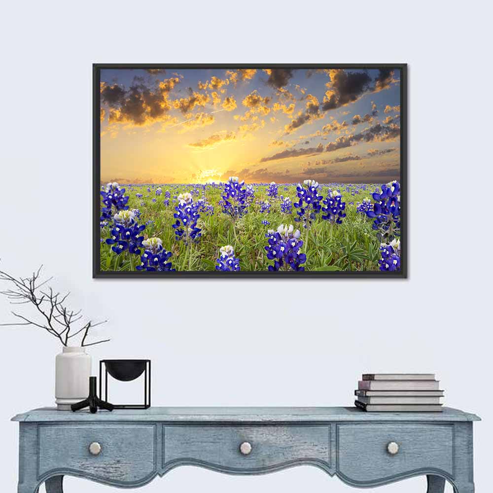 Bluebonnet Field at Sunset Wall Art in a room, landscape