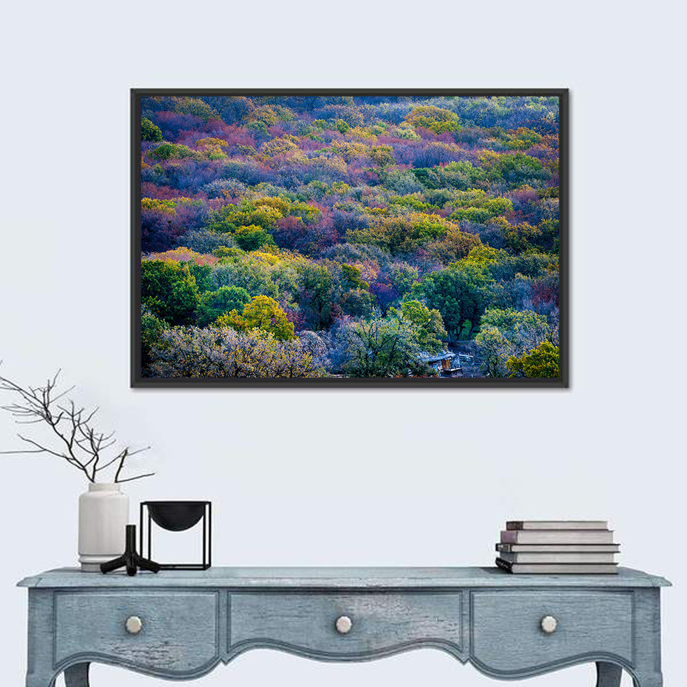 Autumn Canopy Forest with Cabin Roof Wall Art