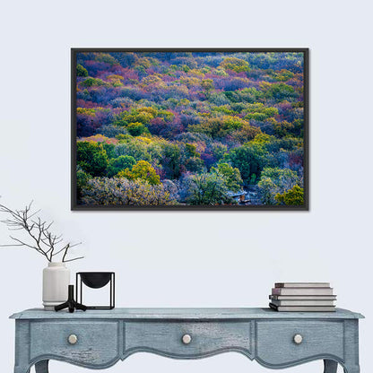 Autumn Canopy Forest with Cabin Roof Wall Art
