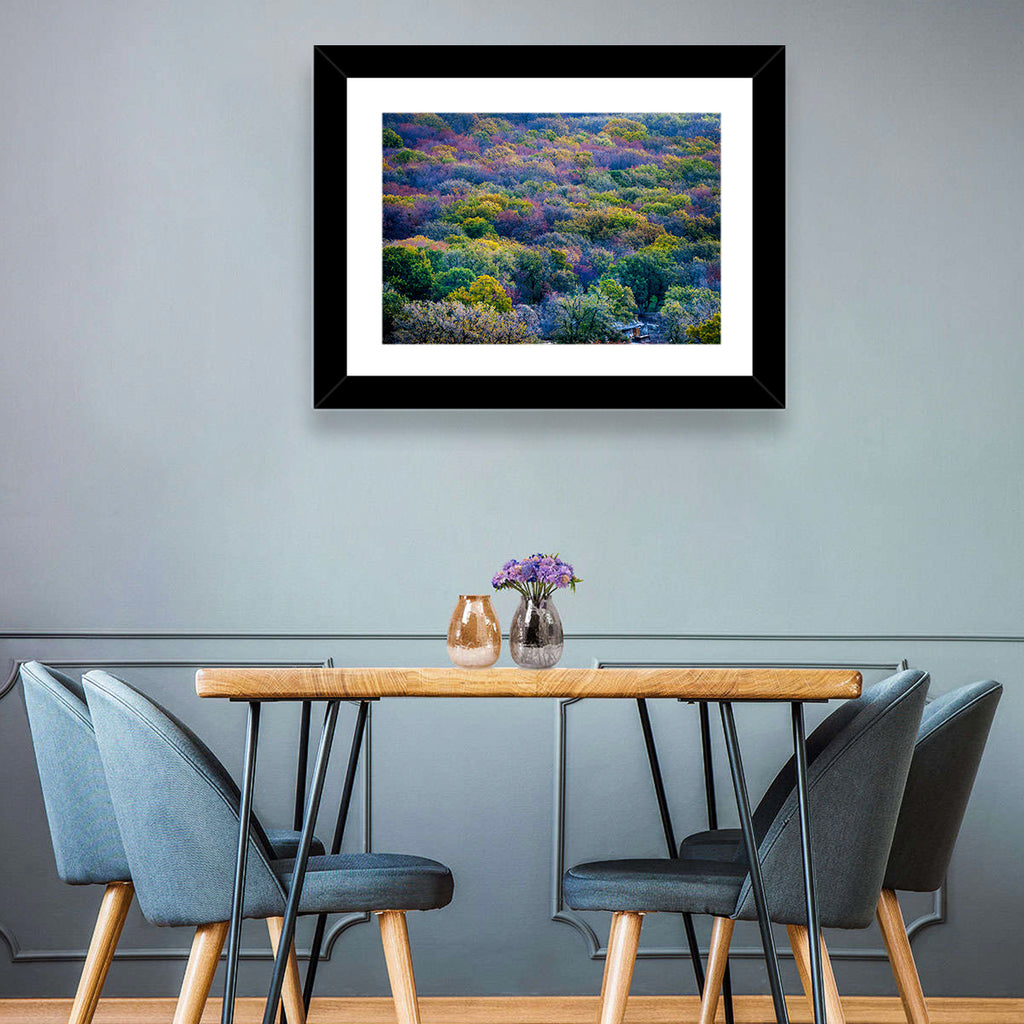 Autumn Canopy Forest with Cabin Roof Wall Art