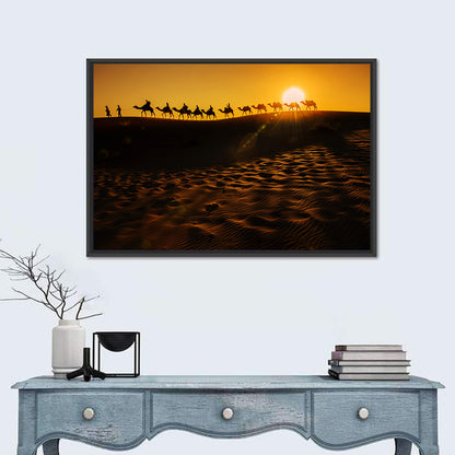 Camel Caravan Silhouette at Golden Sunset Wall Art