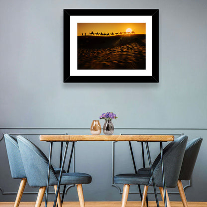 Camel Caravan Silhouette at Golden Sunset Wall Art
