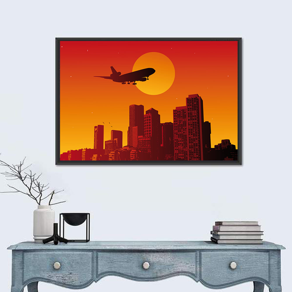 Tri Jet Sunset Skyline Wall Art in a room, landscape