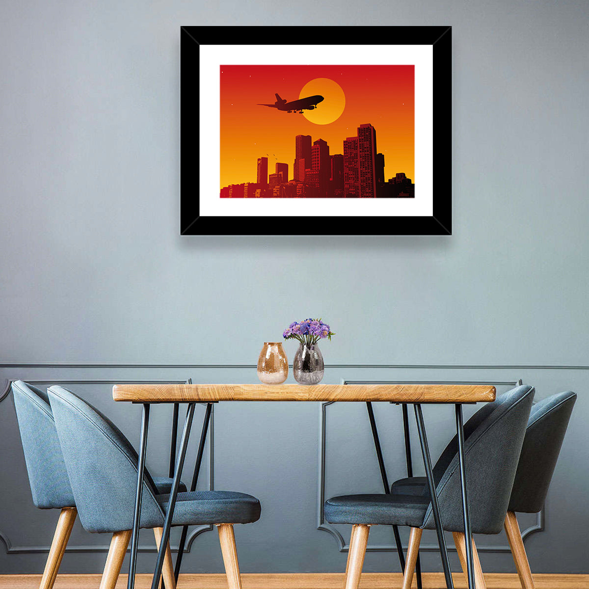 Tri Jet Sunset Skyline Wall Art in a room, landscape