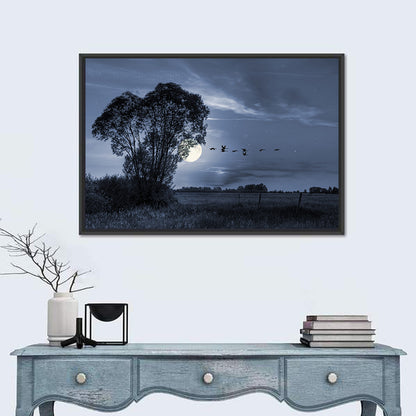 Moonlit Birds Over Quiet Field Wall Art