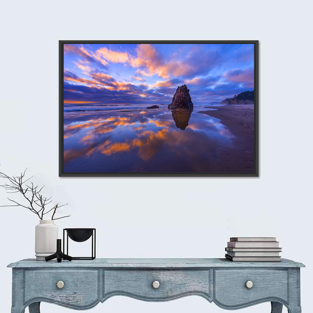 Oregon Coast Sea Stack Sunset Wall Art in a room, landscape
