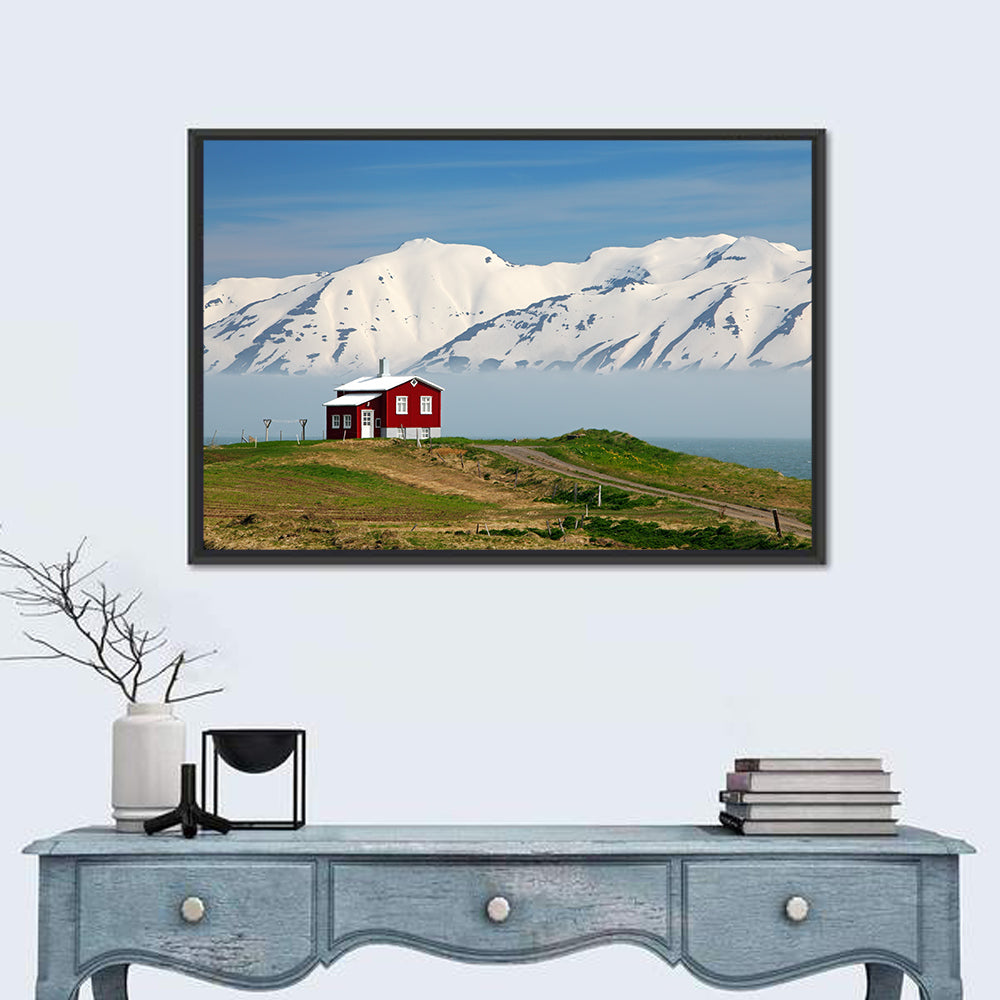 Red House by Fjord Wall Art in a room, landscape