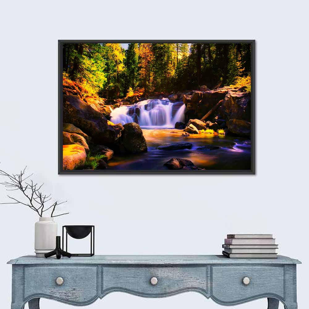 Autumn Mountain Waterfall Wall Art in a room, landscape