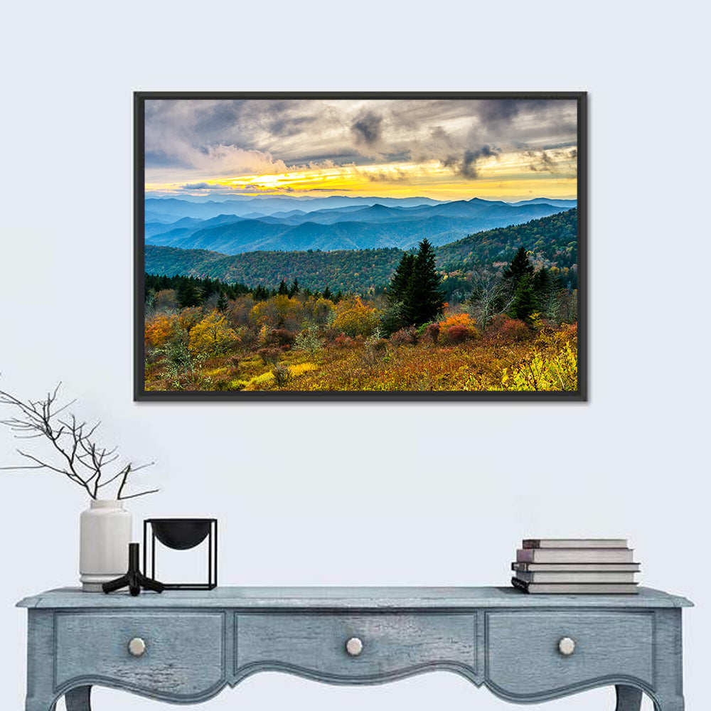 Cowee Mountains Sunset Wall Art in a room, landscape