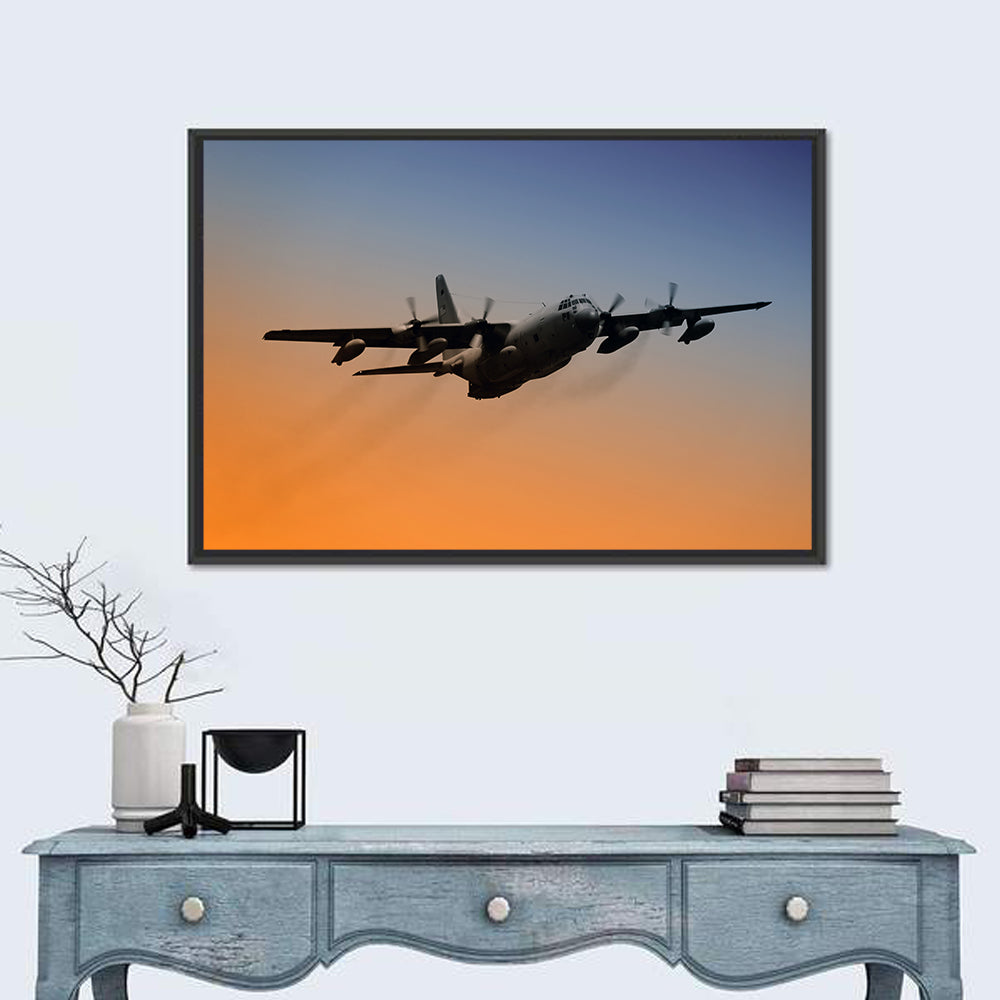 Four-engine Military Transport at Dusk Wall Art in a room, landscape