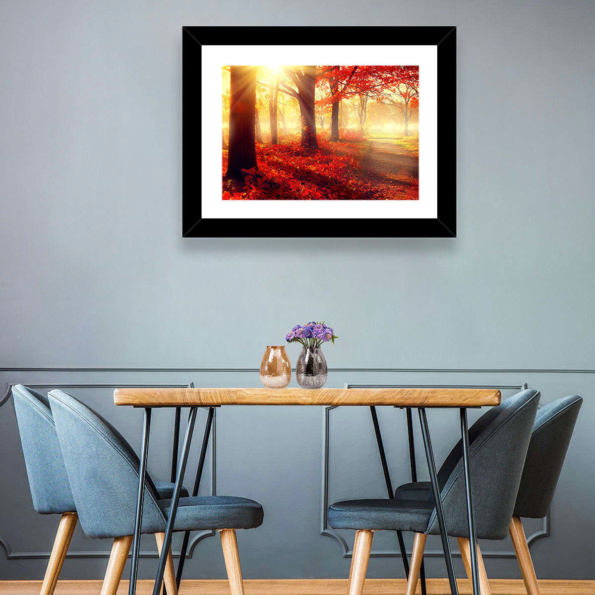 Sunlit Forest Path Wall Art in a room, landscape
