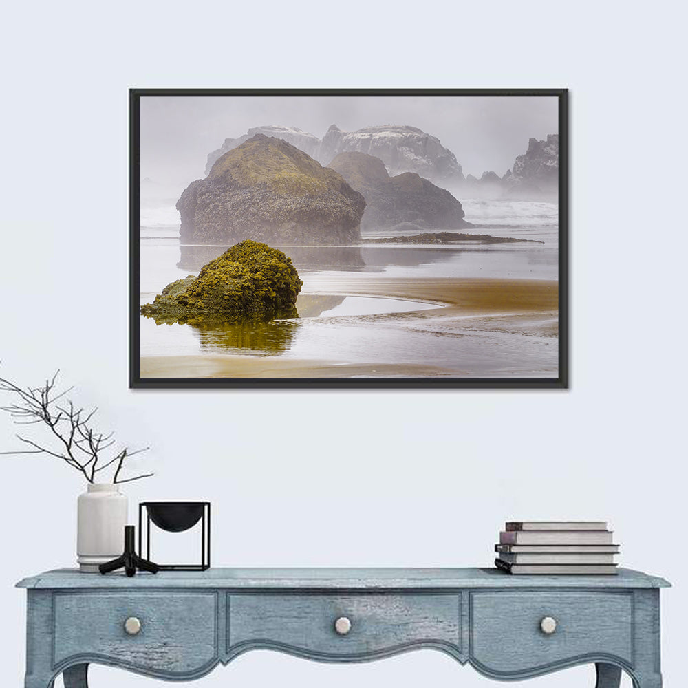Misty Oregon Sea Stacks Wall Art in a room, landscape