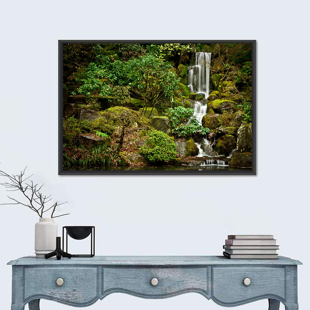 Secluded Mossy Waterfall Wall Art in a room, landscape