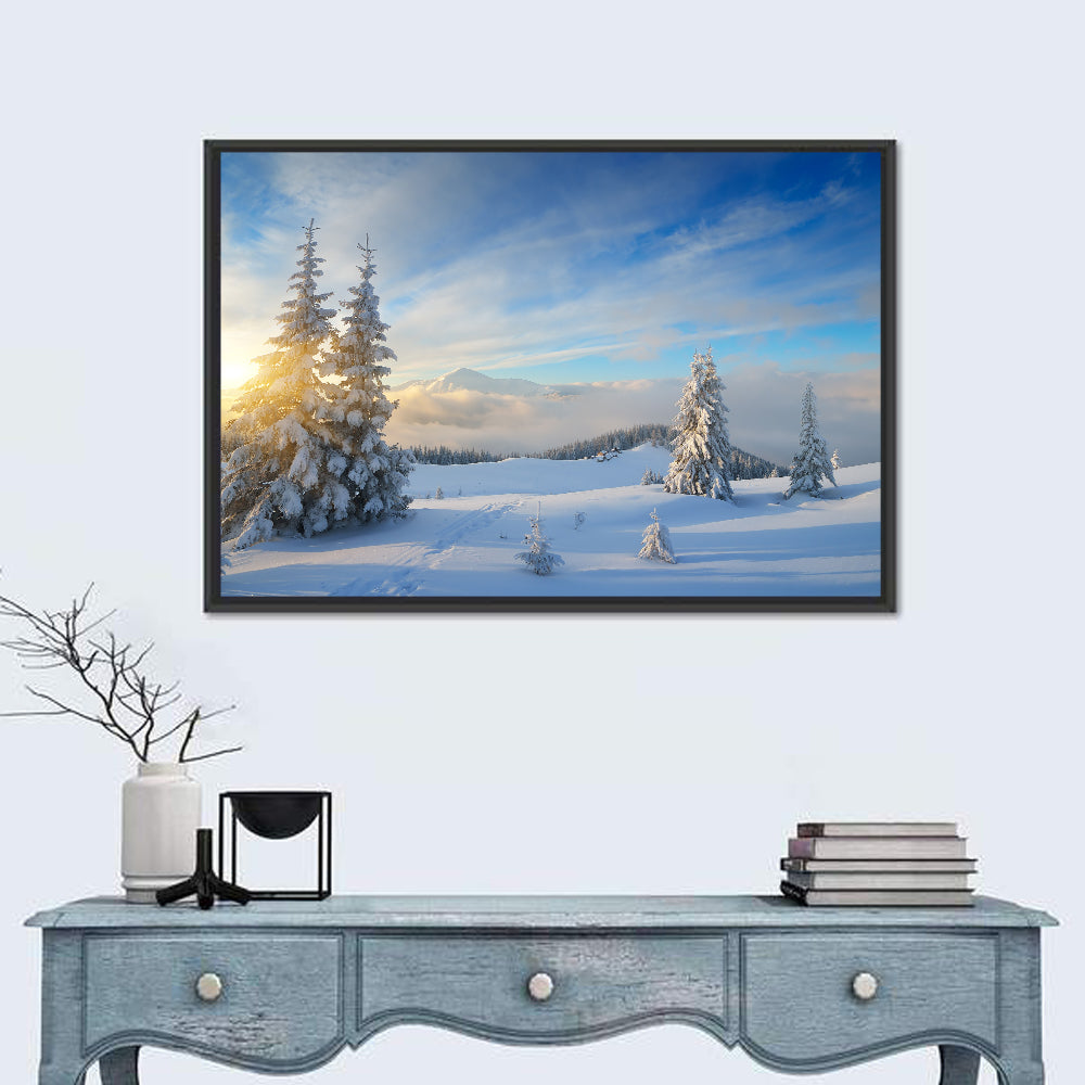 Carpathian Winter Sunrise Wall Art in a room, landscape