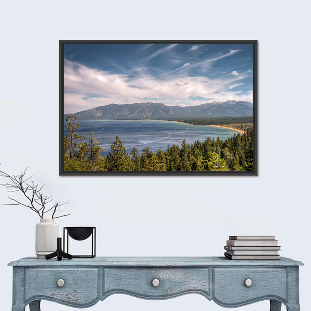 Pines Above a Blue Lake Wall Art in a room, landscape