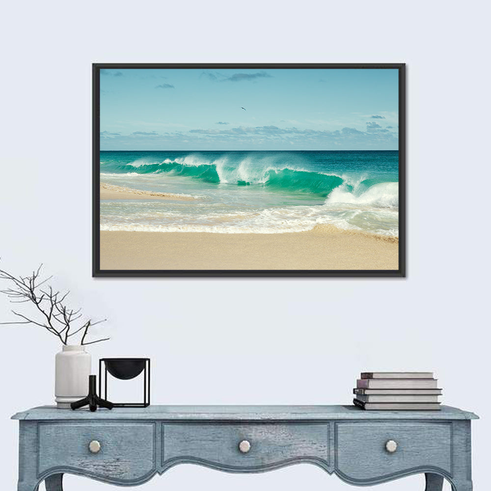 Turquoise Wave on Sandy Beach Wall Art in a room, landscape