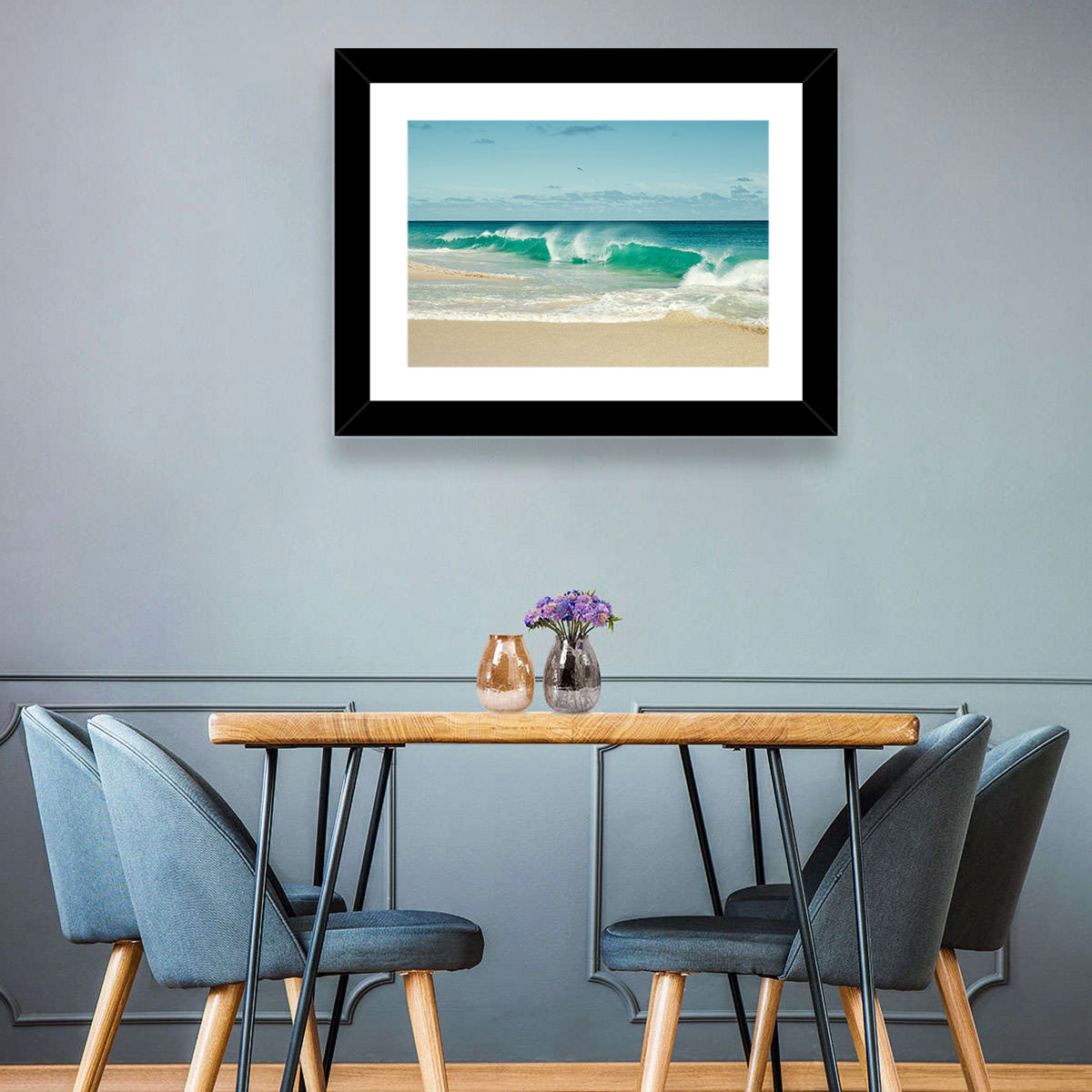 Turquoise Wave on Sandy Beach Wall Art in a room, landscape