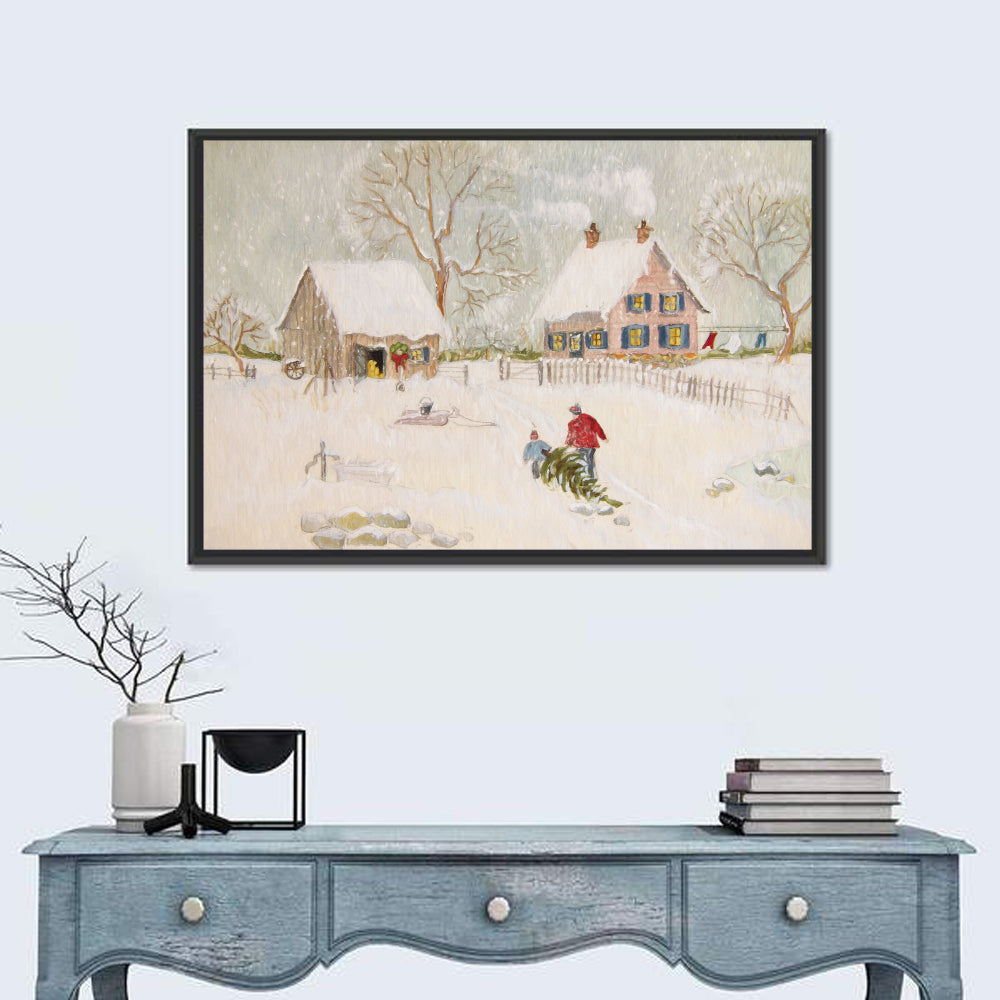 Snowy Farmhouse Illustration Wall Art in a room, landscape