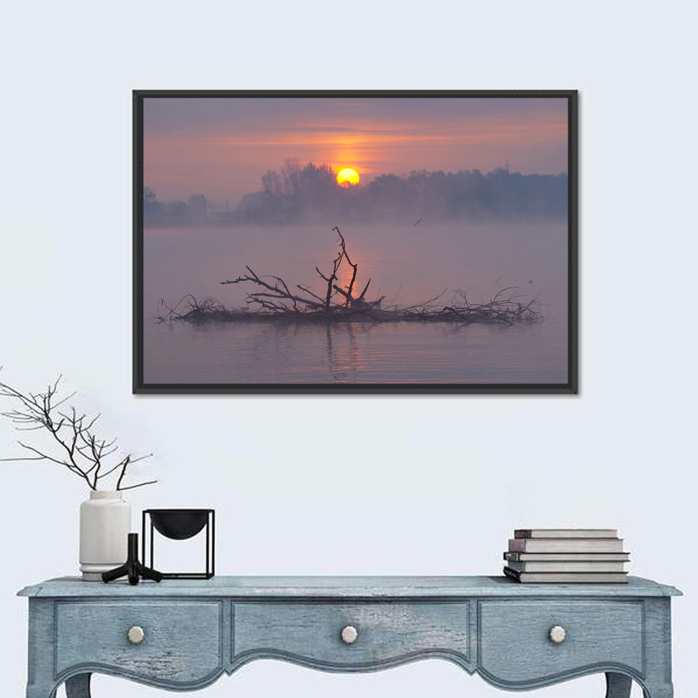 Misty Lake Sunrise with Fallen Tree Wall Art