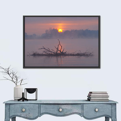 Misty Lake Sunrise with Fallen Tree Wall Art