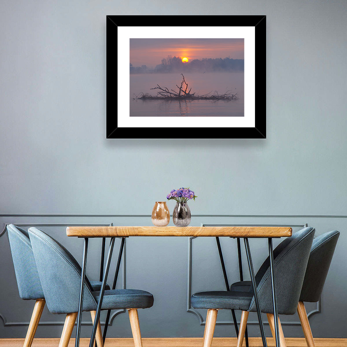 Misty Lake Sunrise with Fallen Tree Wall Art