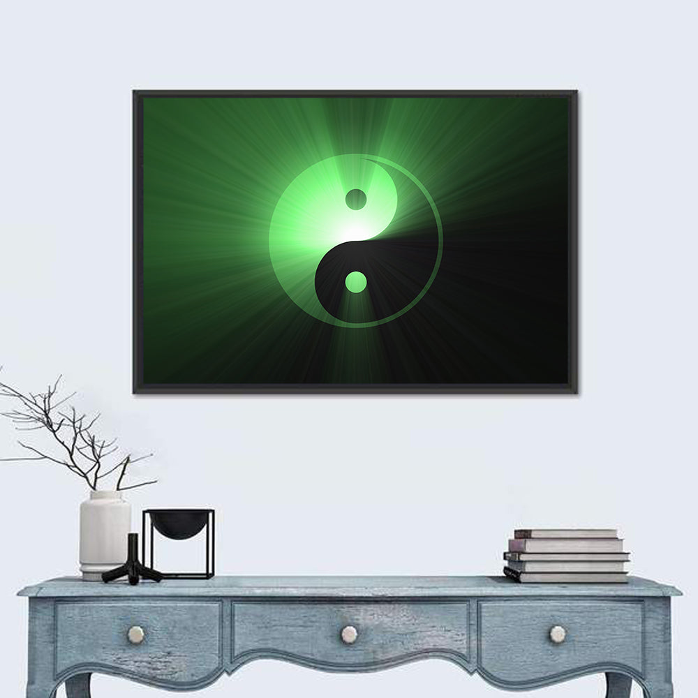 Green Glowing Yin Yang Wall Art in a room, landscape