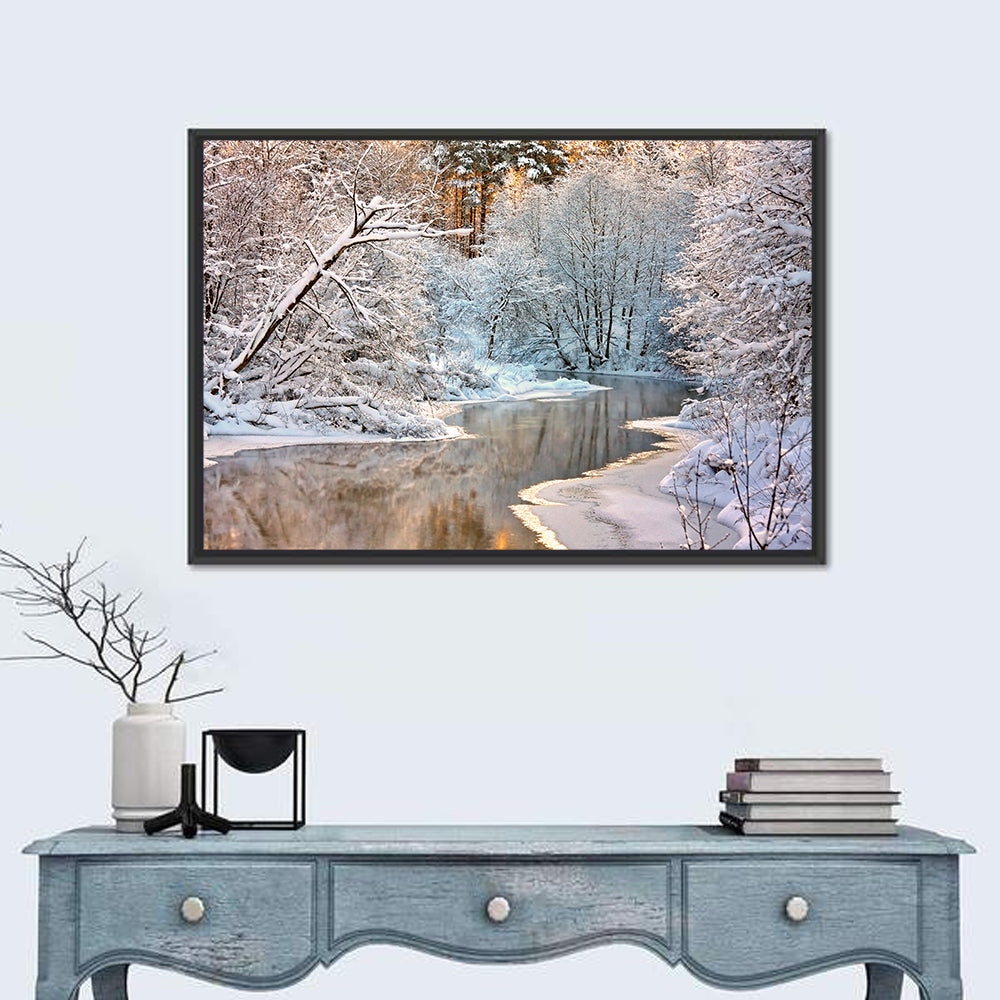 Snow-covered Stream at Golden Hour Wall Art in a room, landscape