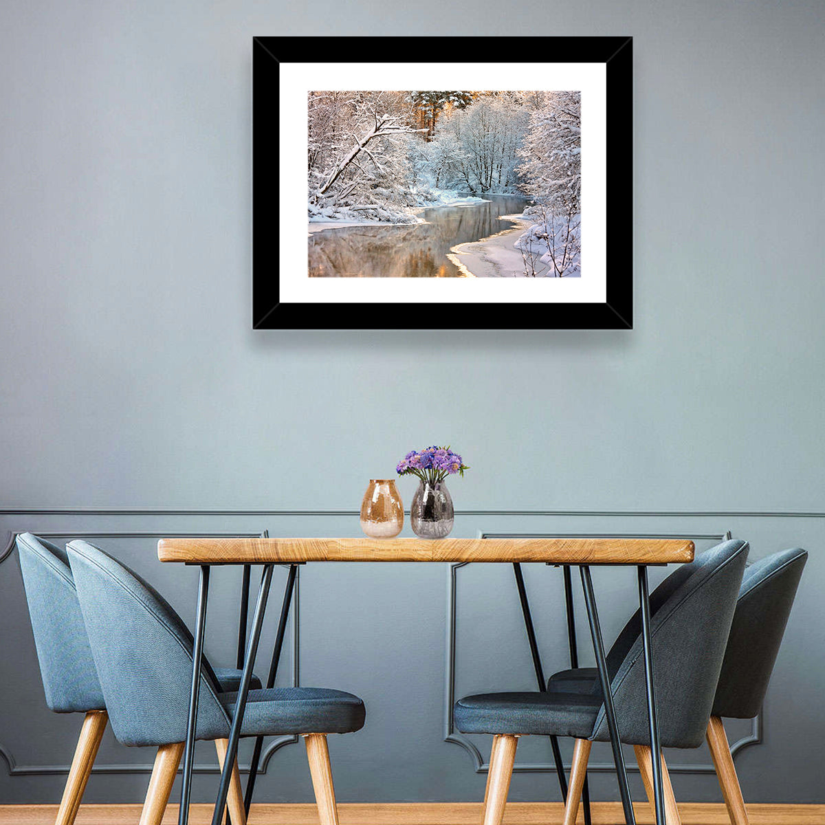 Snow-covered Stream at Golden Hour Wall Art