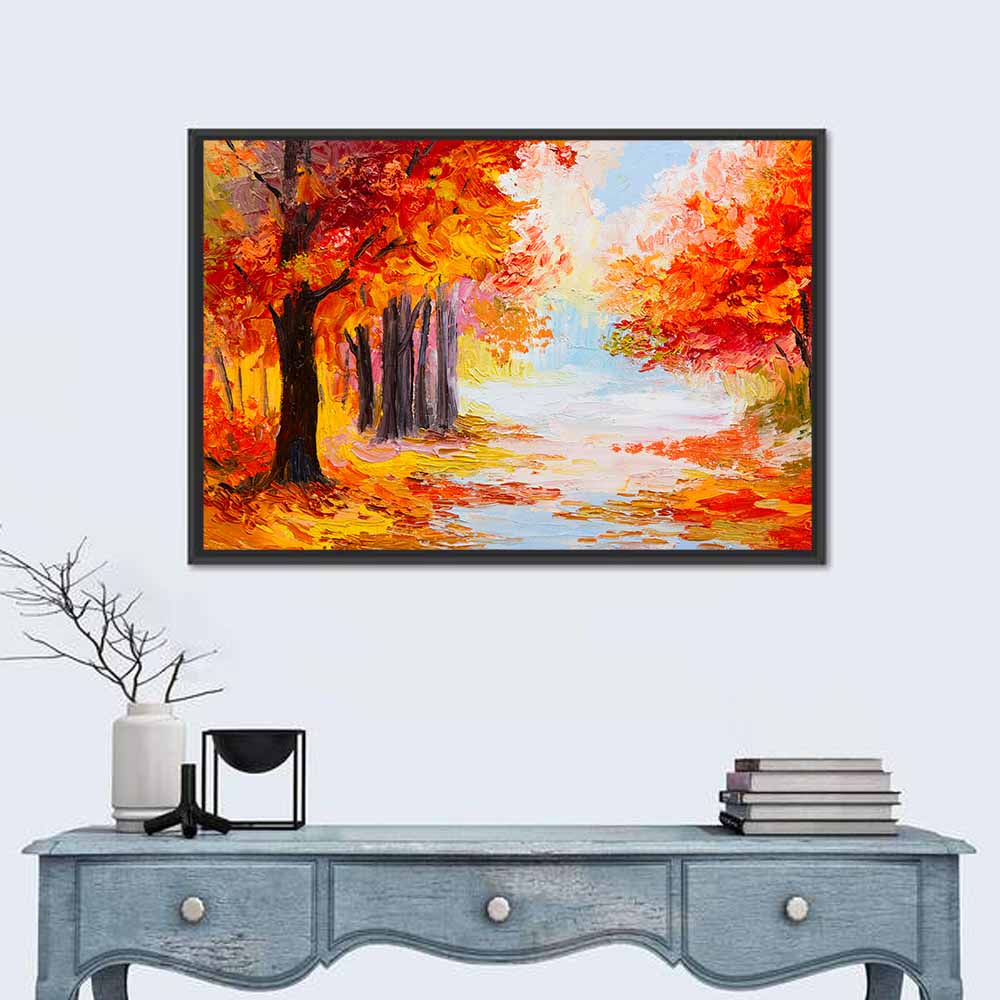 Autumn Forest Pathway Wall Art in a room, landscape
