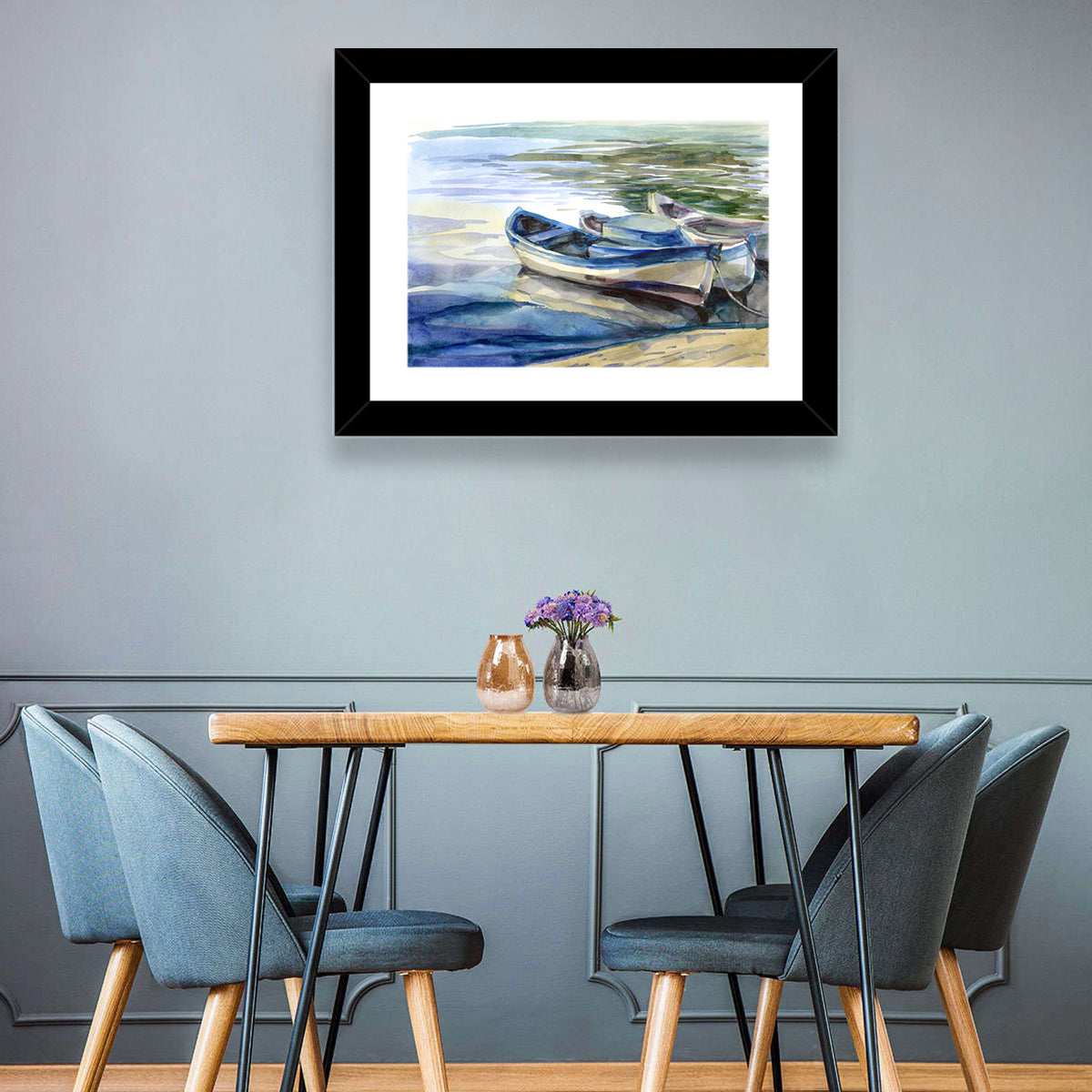 Watercolor Rowboats by the Shore Wall Art in a room, landscape