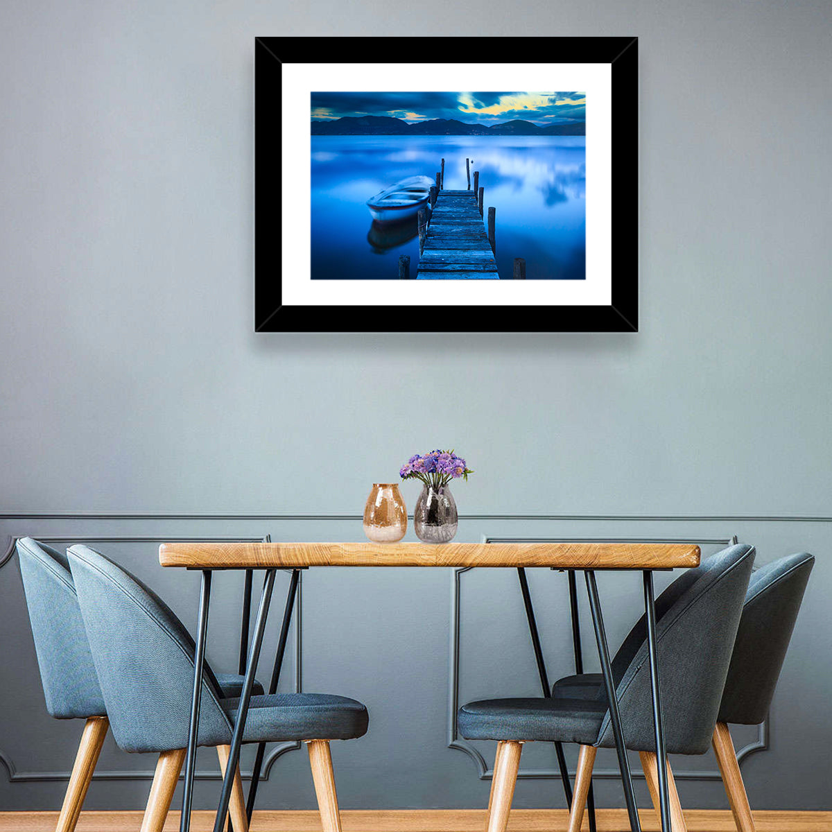 Boat and Wooden Pier Wall Art in a room, landscape