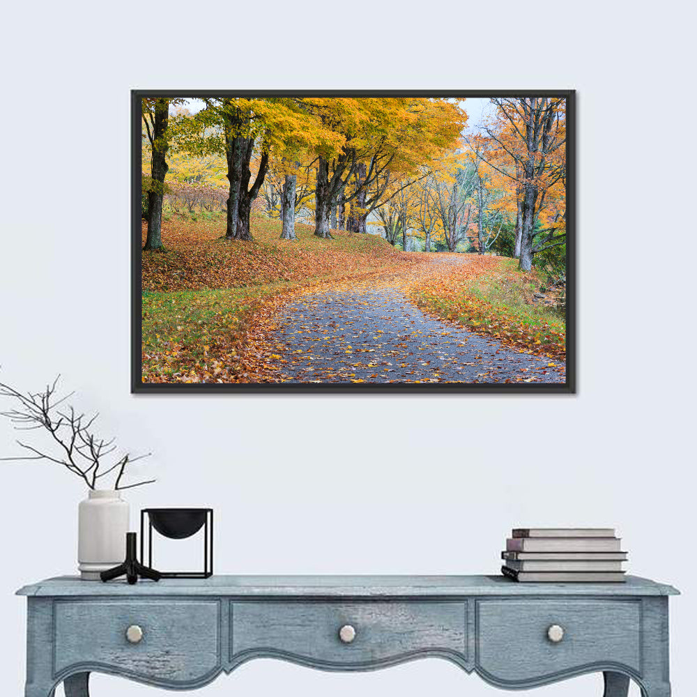 Autumn Road with Golden Canopy Wall Art in a room, landscape