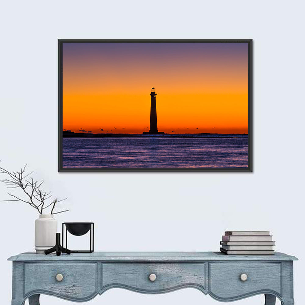 Minimalist Lighthouse Silhouette at Twilight Wall Art in a room, landscape