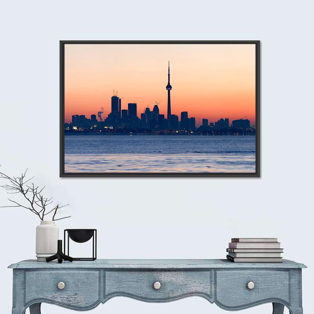 Toronto Dusk Skyline with Cn Tower Wall Art in a room, landscape