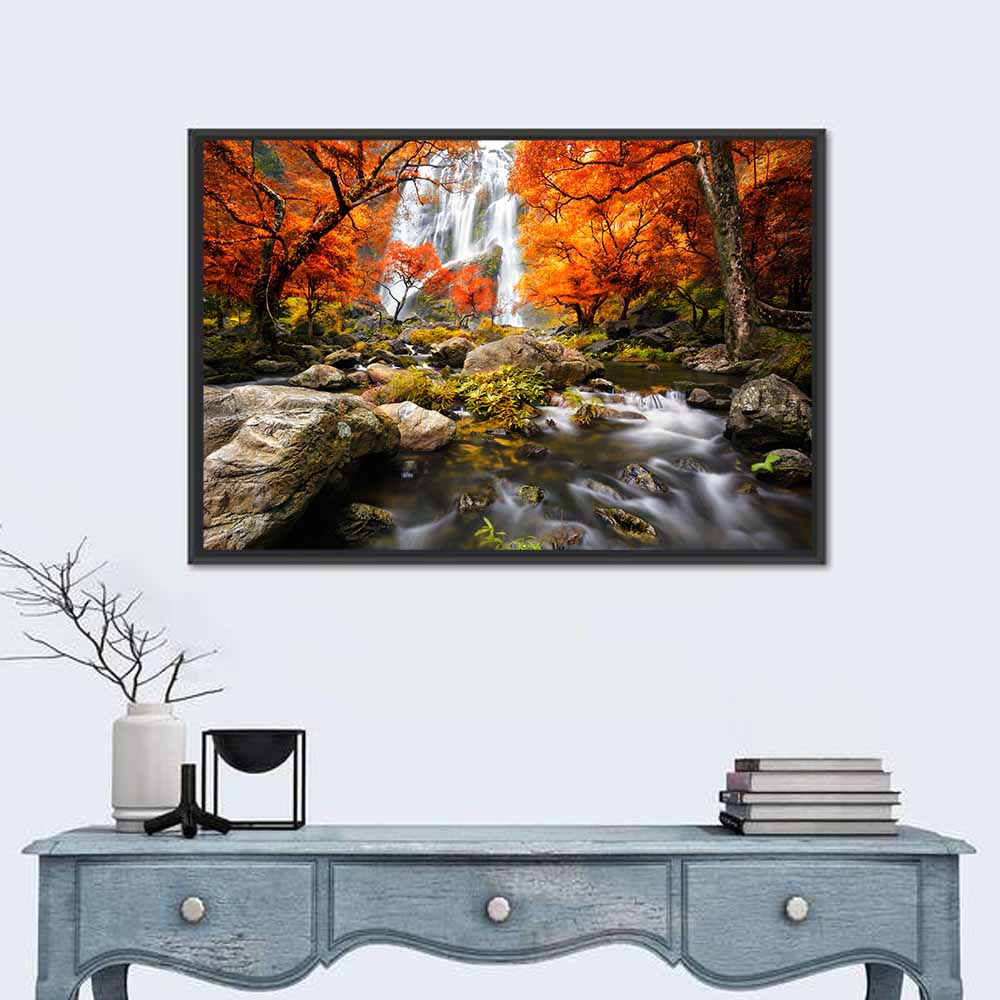 Autumn Forest Waterfall Wall Art in a room, landscape