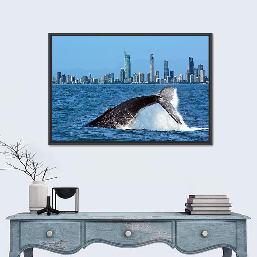 Gold Coast Whale and Skyline Wall Art in a room, landscape