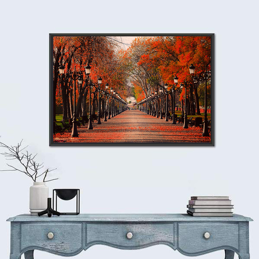 Autumn Park Path with Vintage Lampposts Wall Art in a room, landscape