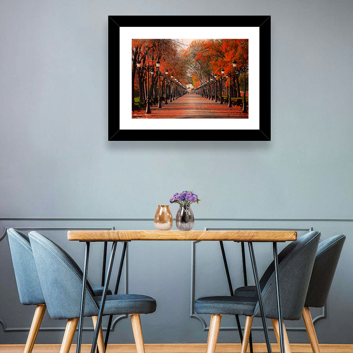 Autumn Park Path with Vintage Lampposts Wall Art