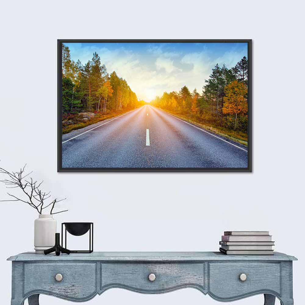 Sunlit Autumn Forest Road Wall Art