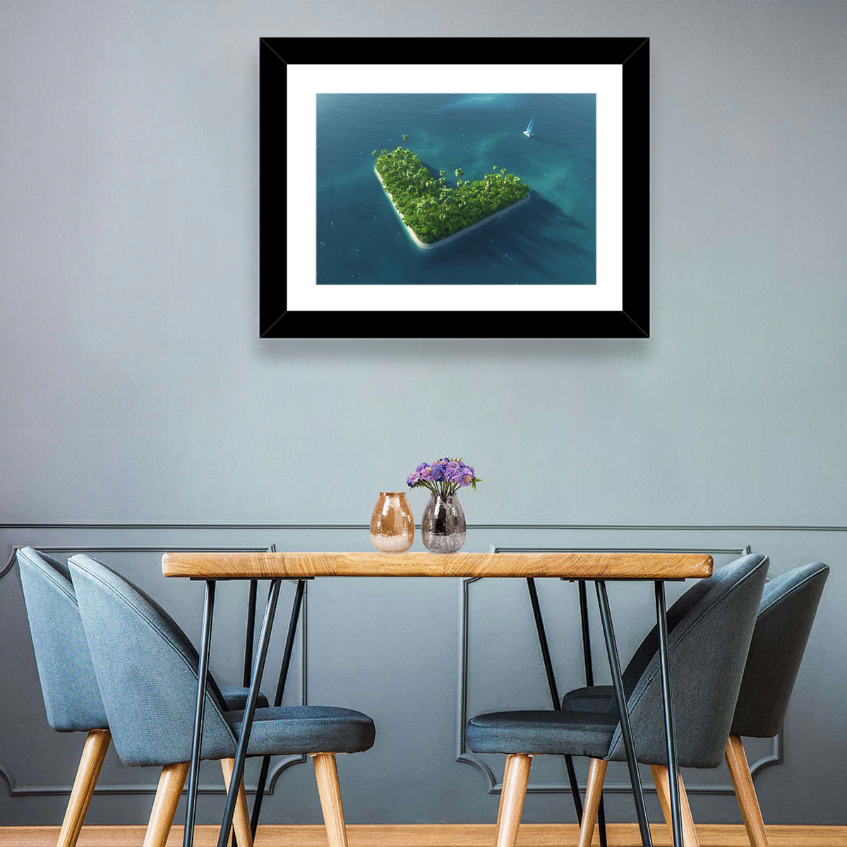 V-shaped Tropical Island with Distant Catamaran Wall Art