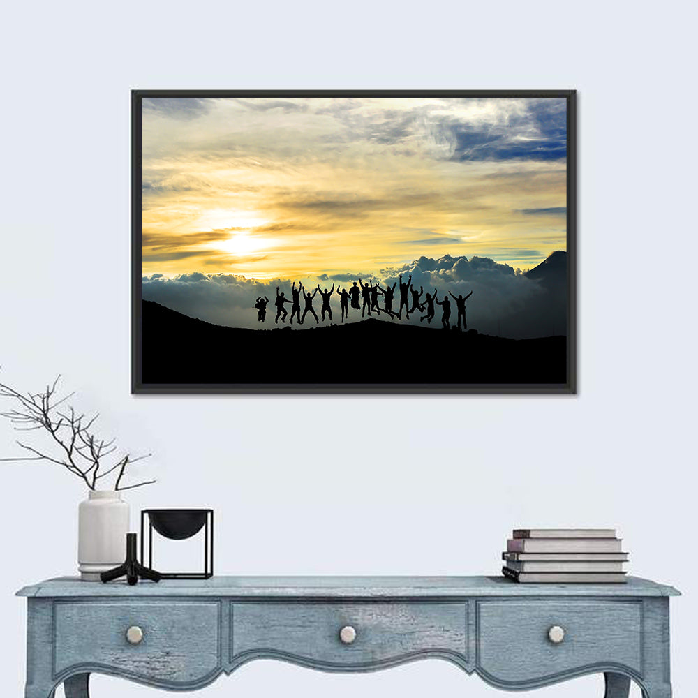 Golden Team Silhouettes at Sunset Wall Art in a room, landscape