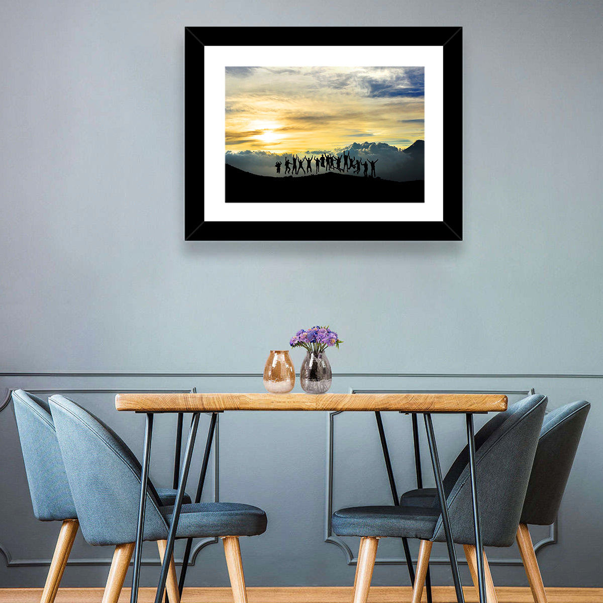 Golden Team Silhouettes at Sunset Wall Art in a room, landscape