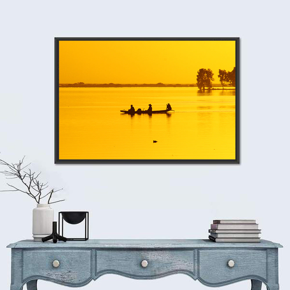 Pirogue at Golden Dusk Wall Art in a room, landscape